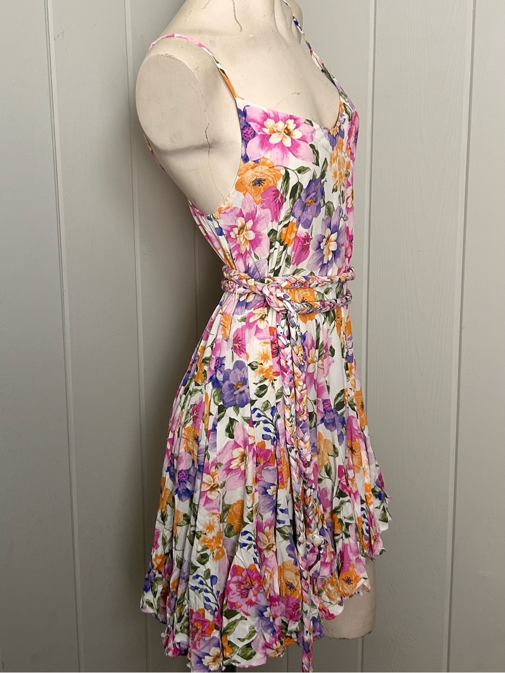STORIA Floral Mini Dress Small Braided Belt Boho Cottagecore Sundress - Picture 3 of 12